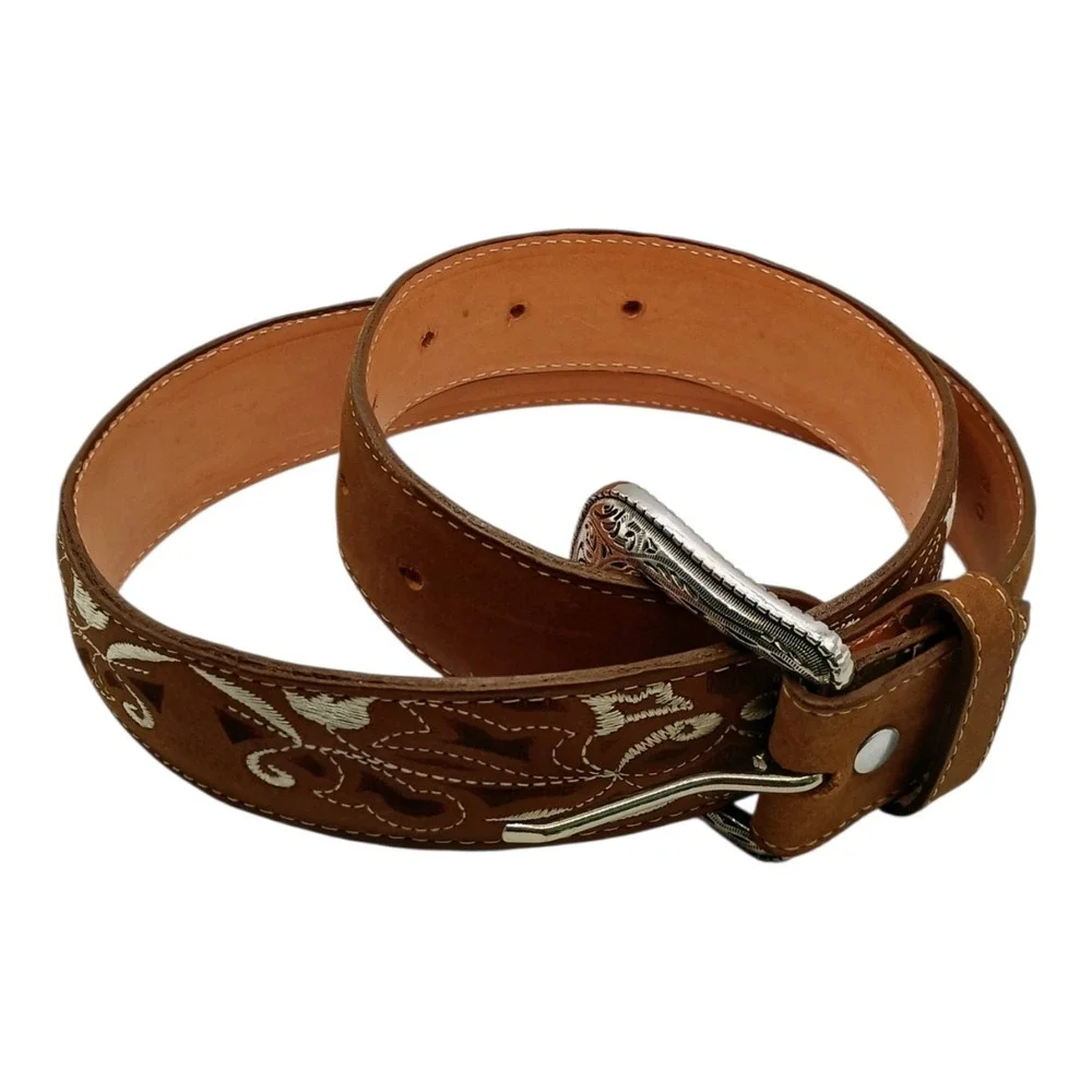La Sierra Boots Belt Unisex Size 30 Leather Brown Floral Embroidered 30-35 Inch